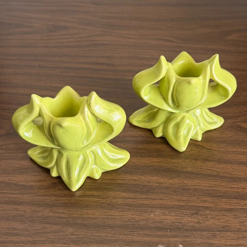 Vintage Chartreuse Green Ceramic Tulips Floral Candle Holder Set of 2 MCM READ